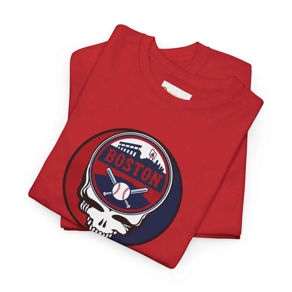 Red Boston Red Sox T-shirt with circular skull team logo graphic, folded