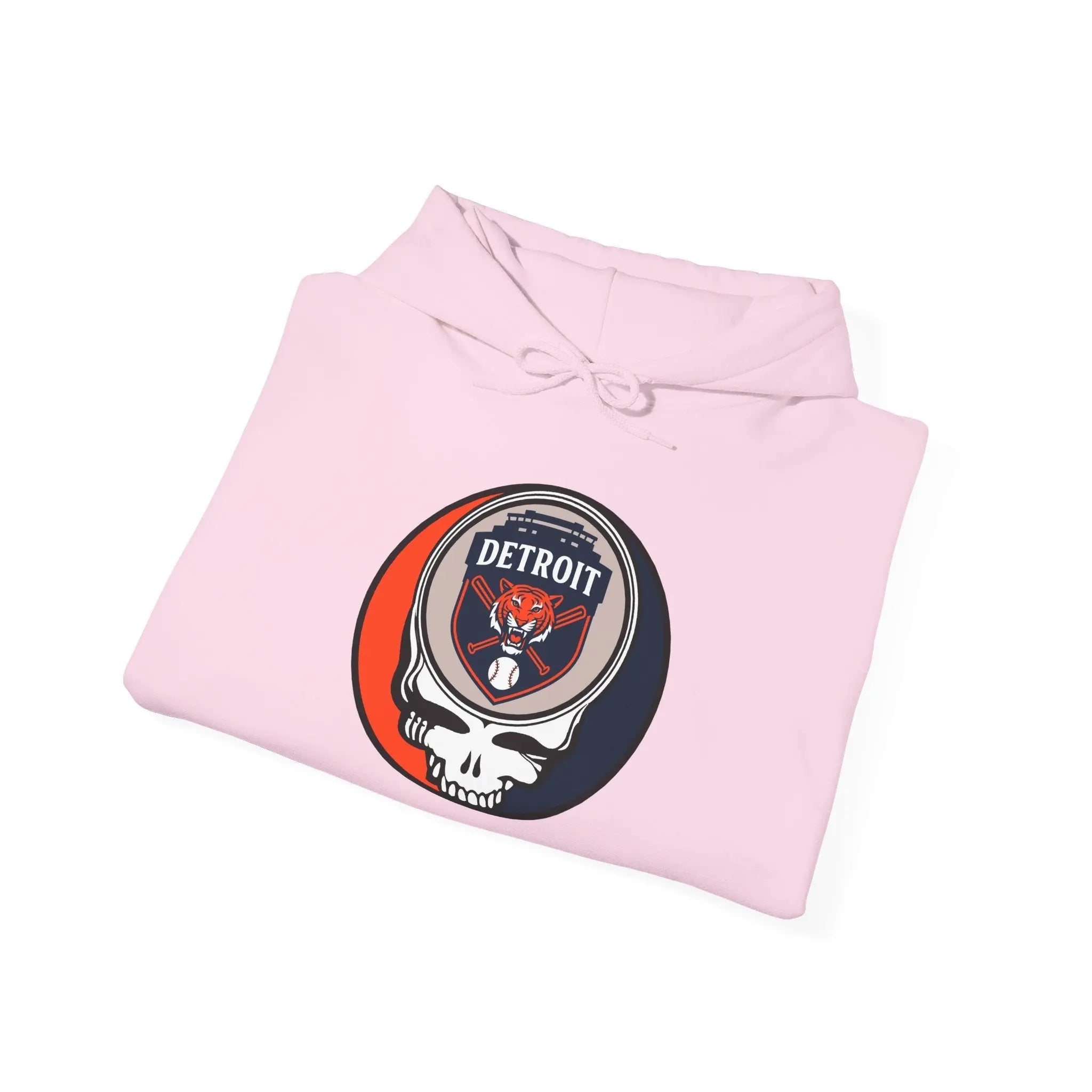 Light pink pullover hoodie with front Detroit logo patch and drawstring hood