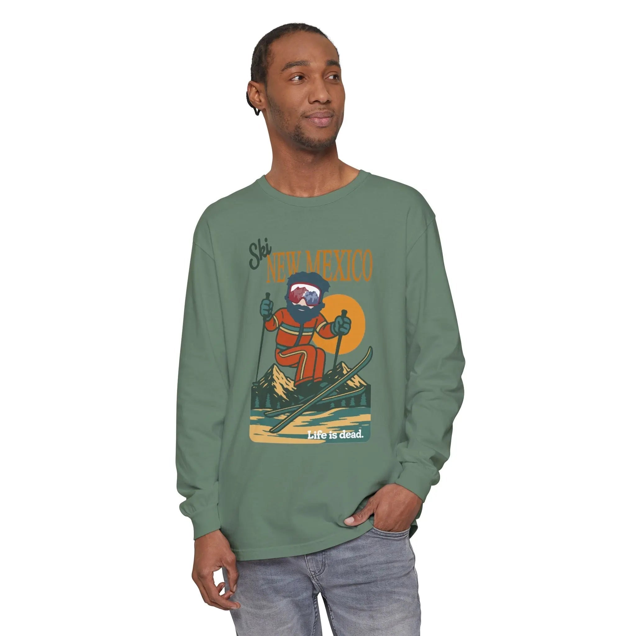 Green long-sleeve graphic T-shirt with front New Mexico rider print