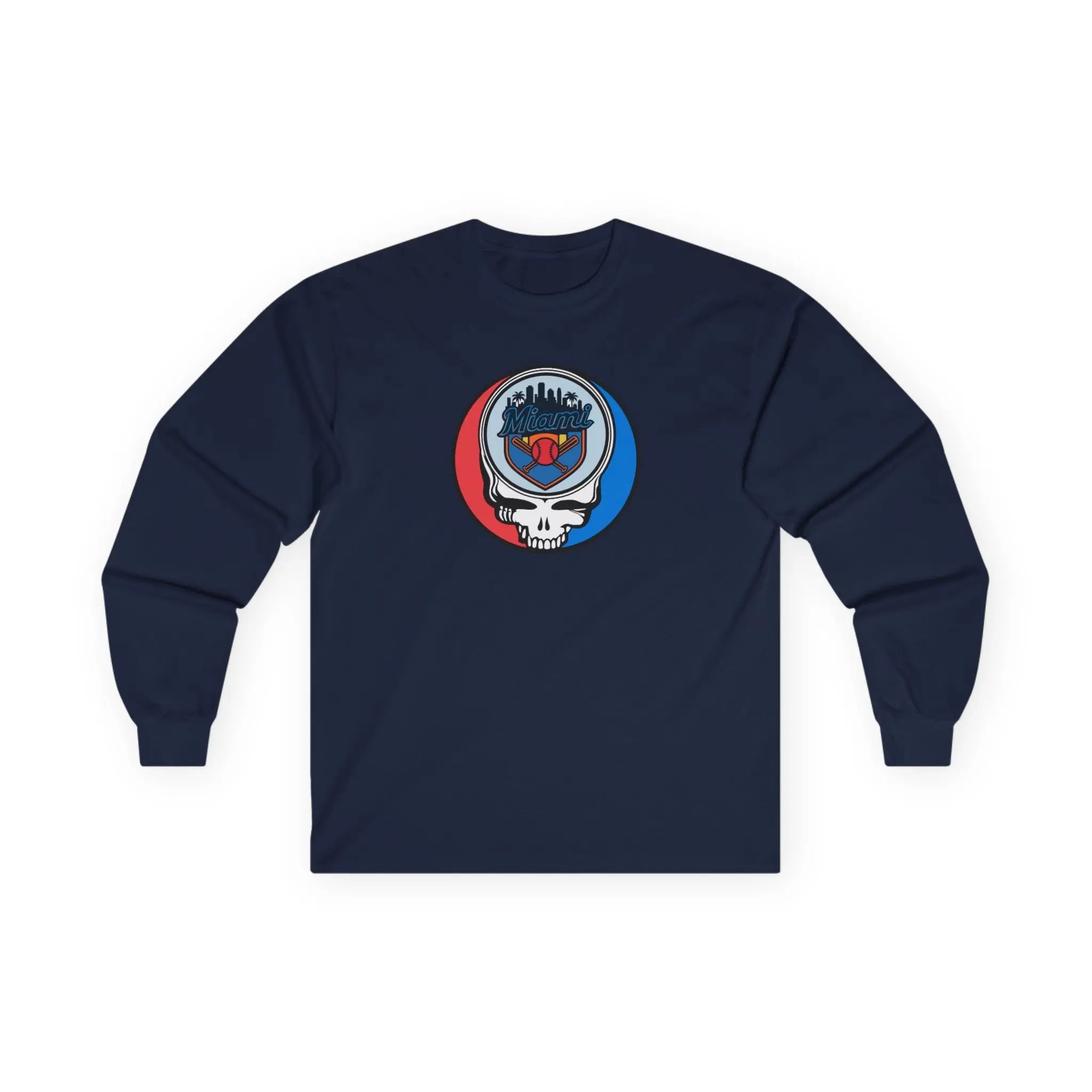 Navy long-sleeve T-shirt with front-center circular team Stealie logo graphic