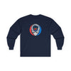 Navy long-sleeve T-shirt with front-center circular team Stealie logo graphic