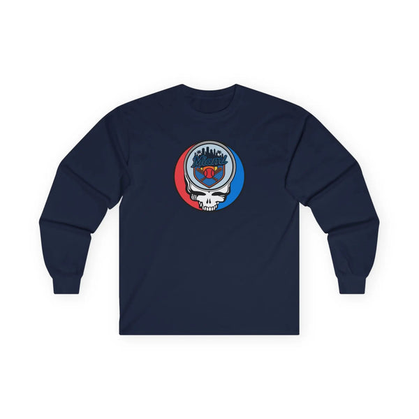Navy long-sleeve T-shirt with front-center circular team Stealie logo graphic