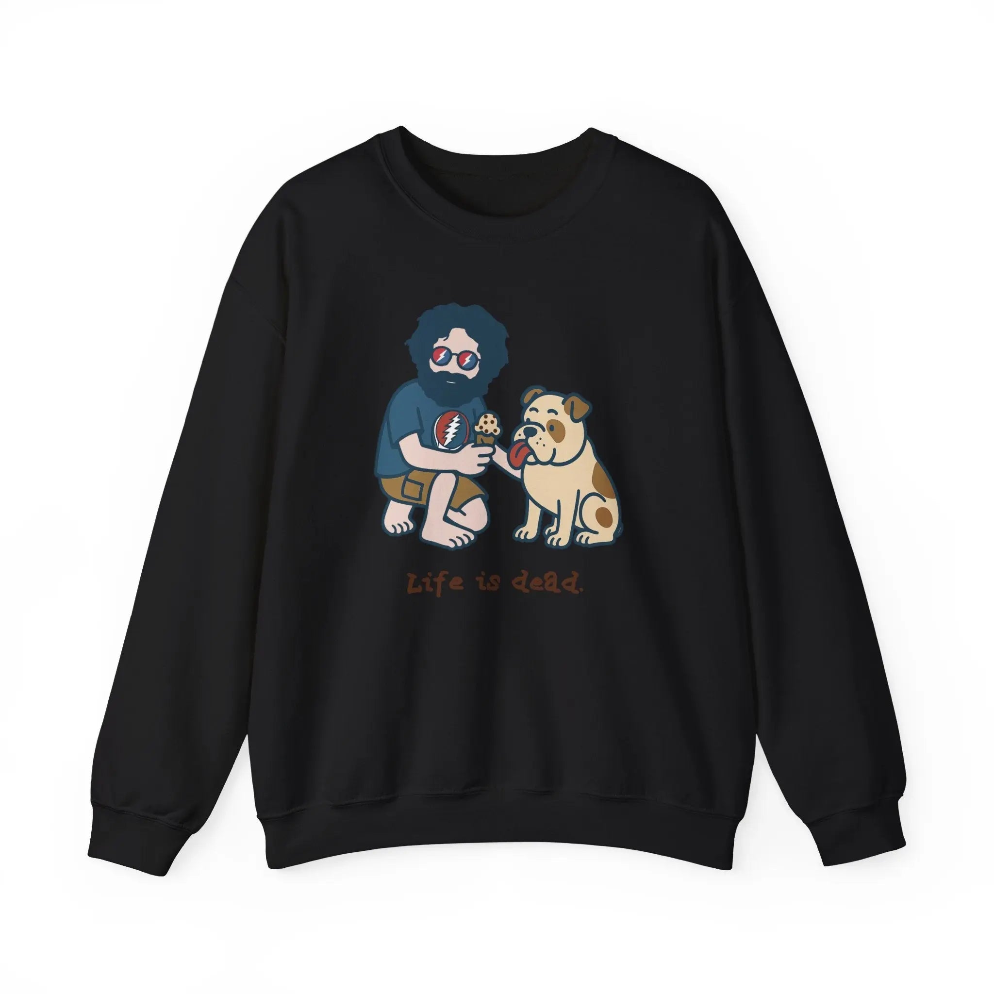 Black crewneck sweatshirt with cartoon graphic on front