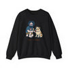 Black crewneck sweatshirt with cartoon graphic on front