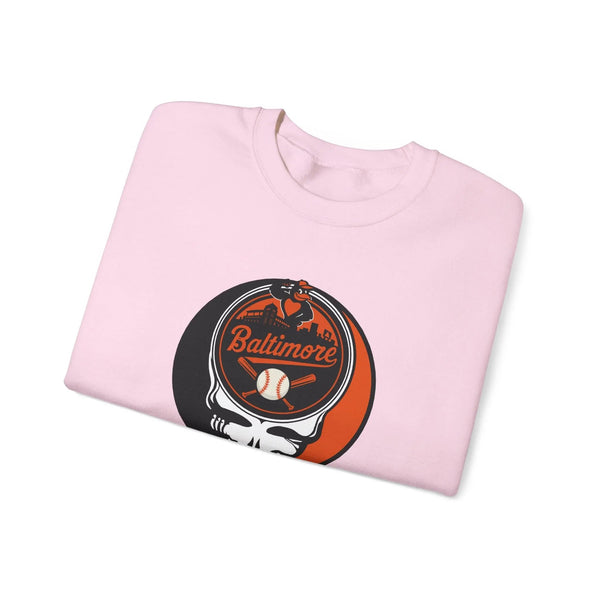 Light pink crewneck sweatshirt with front Baltimore Stealie graphic