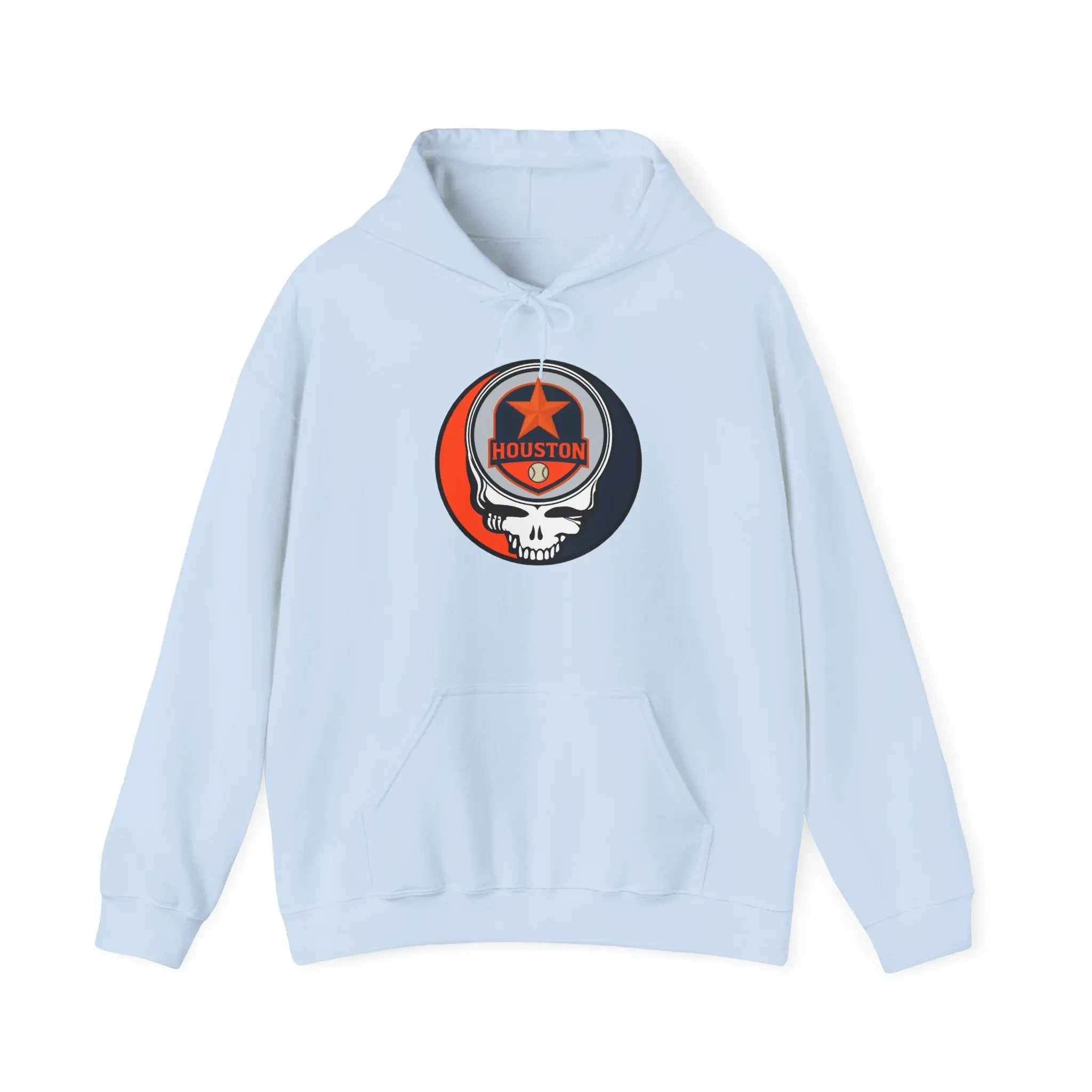 Light blue pullover hoodie with Houston logo patch on chest