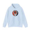 Light blue pullover hoodie with Houston logo patch on chest