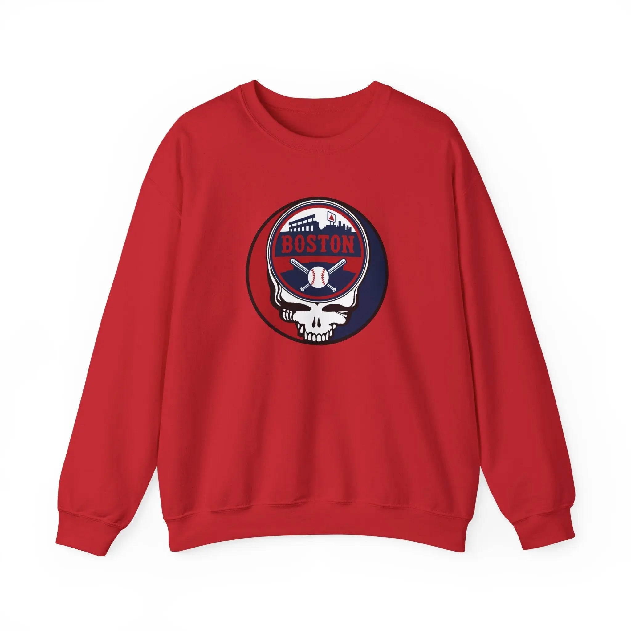 Red crewneck sweatshirt with circular Boston skull logo on front