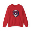 Red crewneck sweatshirt with circular Boston skull logo on front