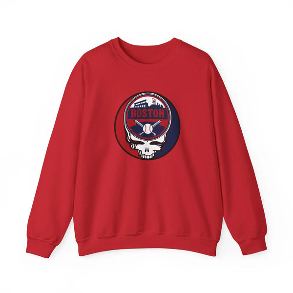 Red crewneck sweatshirt with circular Boston skull logo on front
