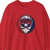 Red crewneck sweatshirt with circular Boston skull logo at center chest