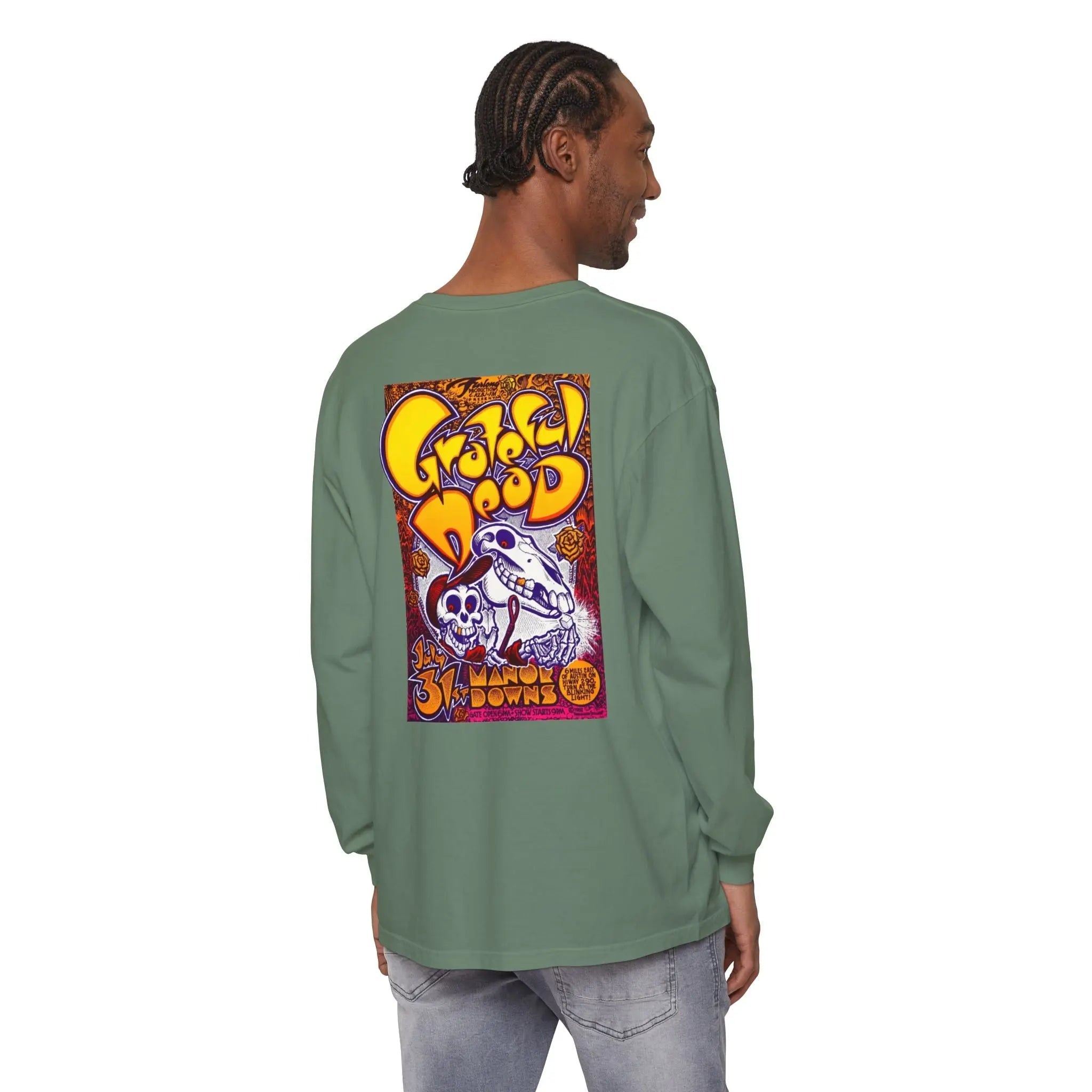 Green long-sleeve graphic T-shirt, back print with colorful design