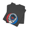 Dark gray crewneck graphic T-shirt with circular skull logo on the chest