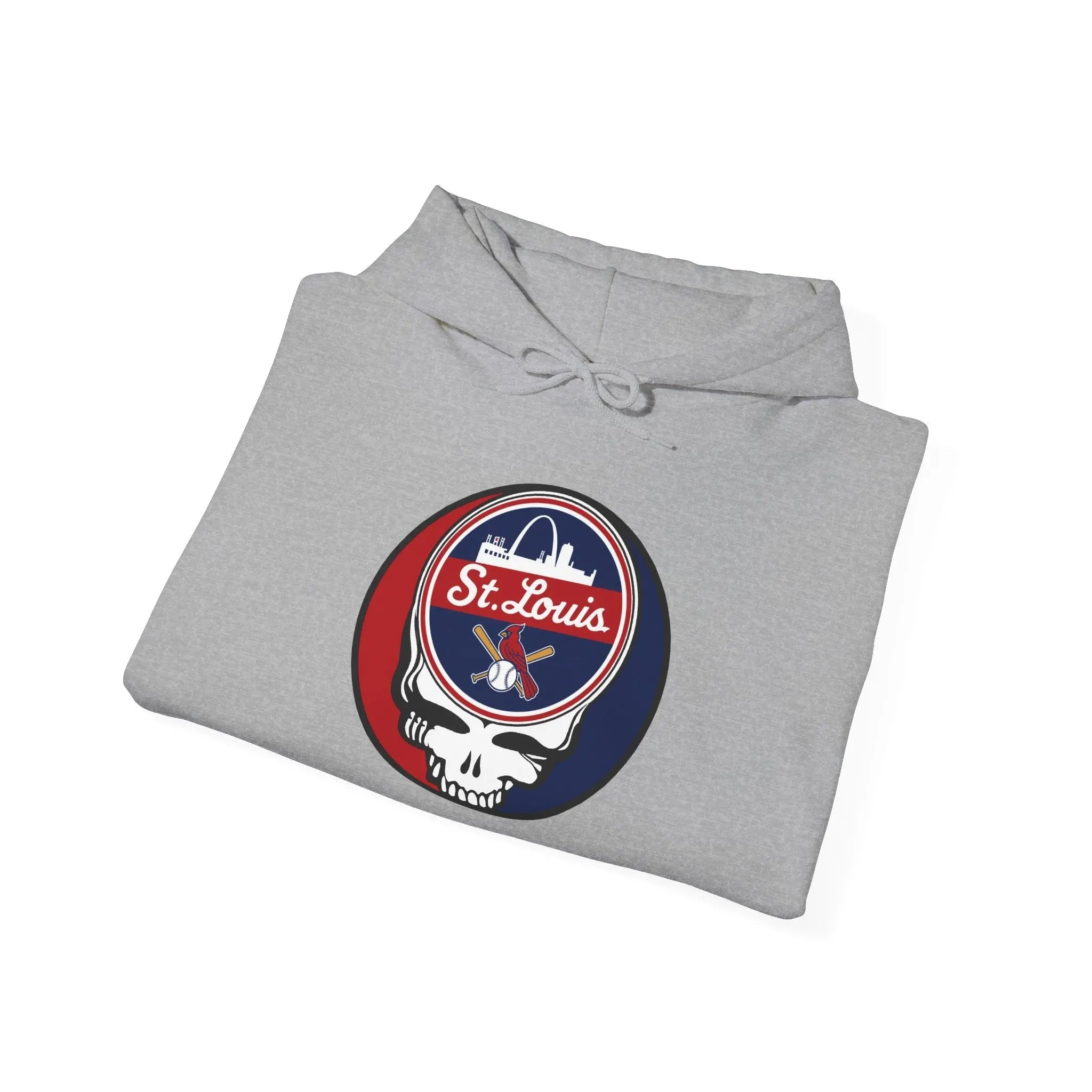 Light gray folded pullover hoodie with front pouch pocket and drawstring, Cardinals logo patch