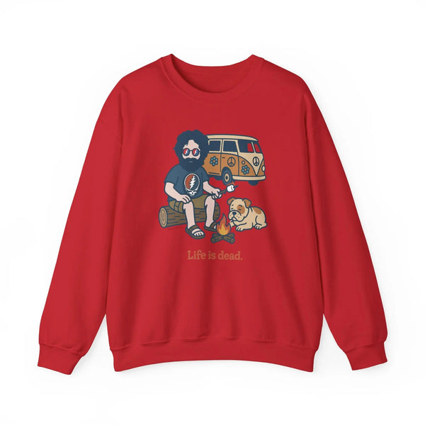 Red crewneck sweatshirt on model, featuring a camping scene graphic on the chest.