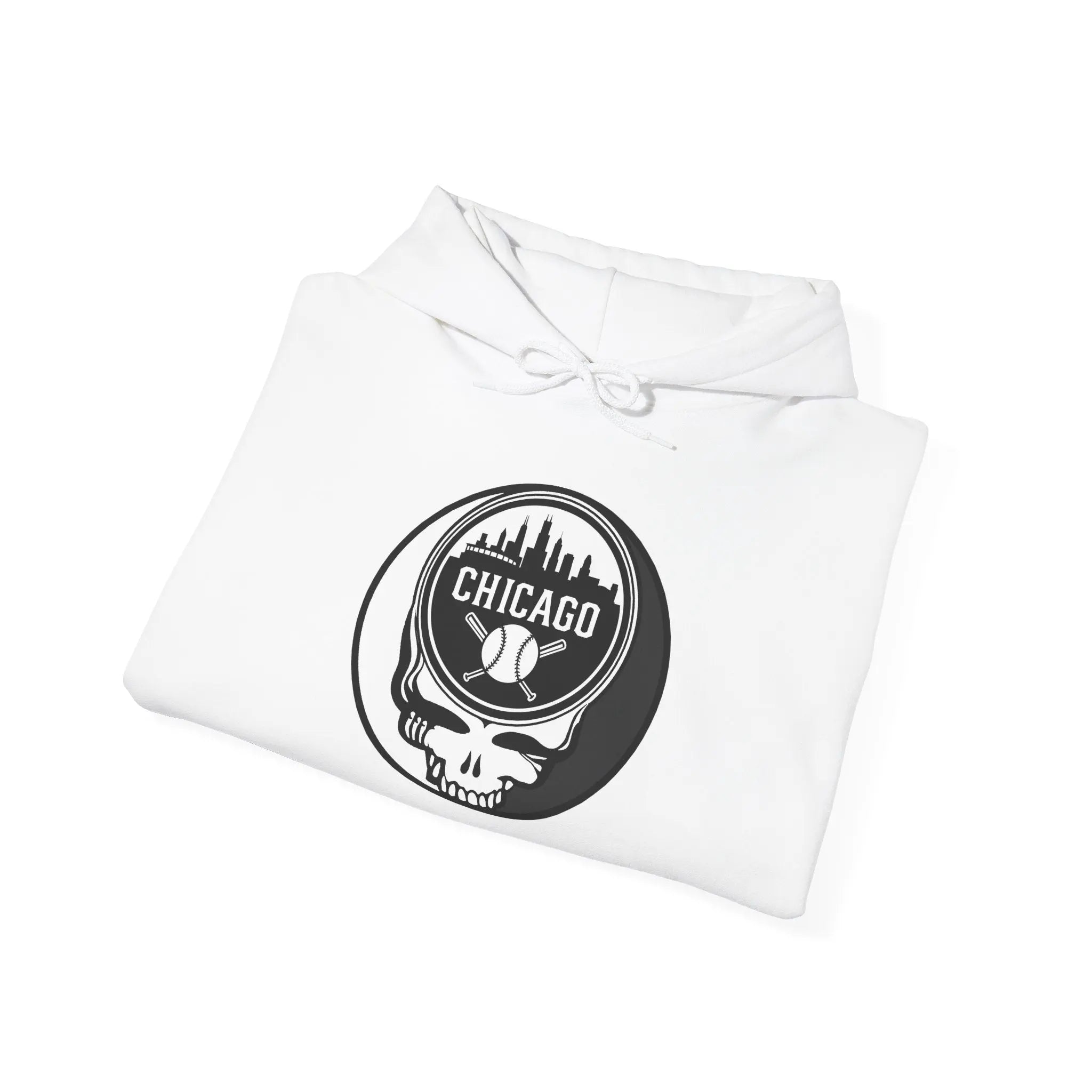 White hoodie folded stack with hood and Chicago Stealie circular graphic