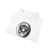 White hoodie folded stack with hood and Chicago Stealie circular graphic