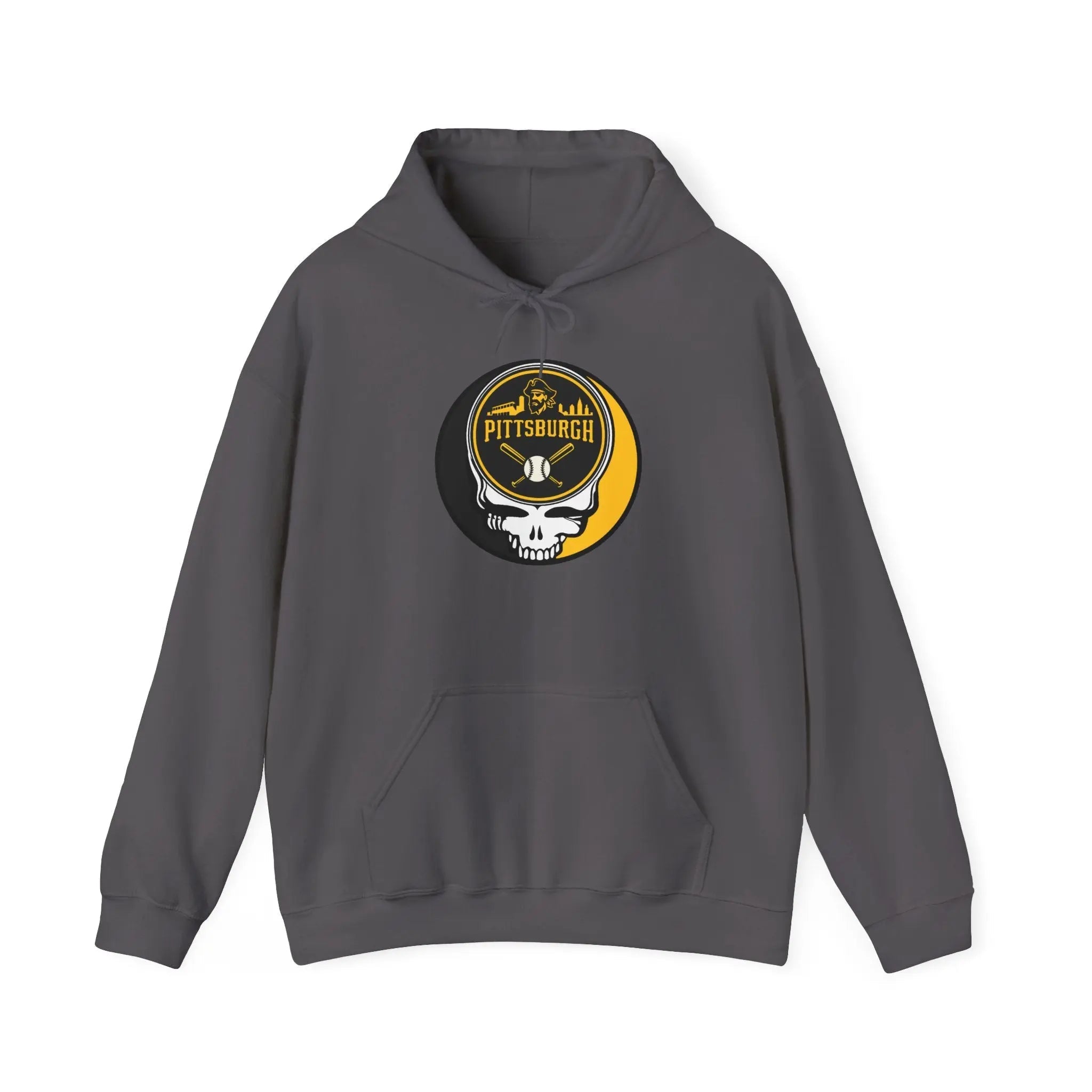 Dark heather Pittsburgh hoodie with front pouch pocket, drawstring hood, and Stealie logo