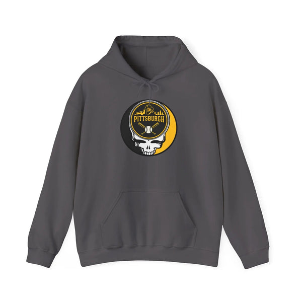Dark heather Pittsburgh hoodie with front pouch pocket, drawstring hood, and Stealie logo