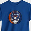 Royal blue T-shirt with circular New York Stealie logo graphic at the chest