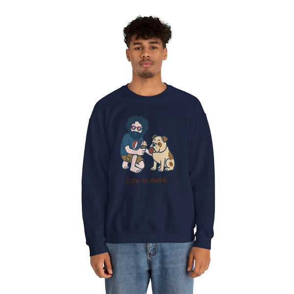 Navy crewneck sweatshirt with front cartoon graphic; worn by a male model