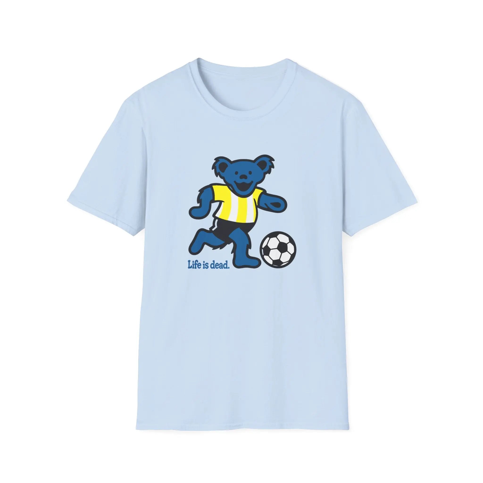 Light blue T-shirt with blue bear playing soccer and “Life is dead.” print