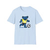 Light blue T-shirt with blue bear playing soccer and “Life is dead.” print