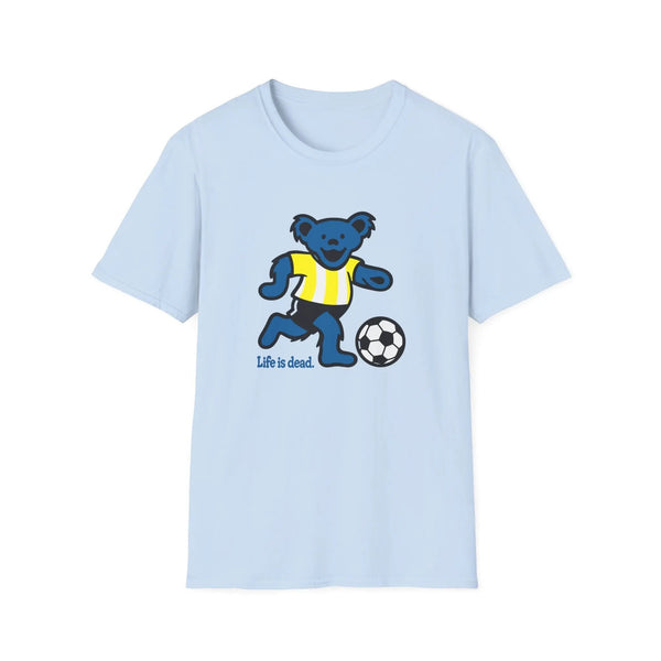 Light blue T-shirt with blue bear playing soccer and “Life is dead.” print