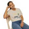 White crewneck T-shirt with blue lake graphic, cartoon figure, and "Life is dead" text