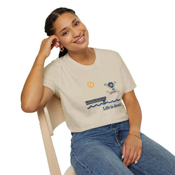 White crewneck T-shirt with blue lake graphic, cartoon figure, and "Life is dead" text