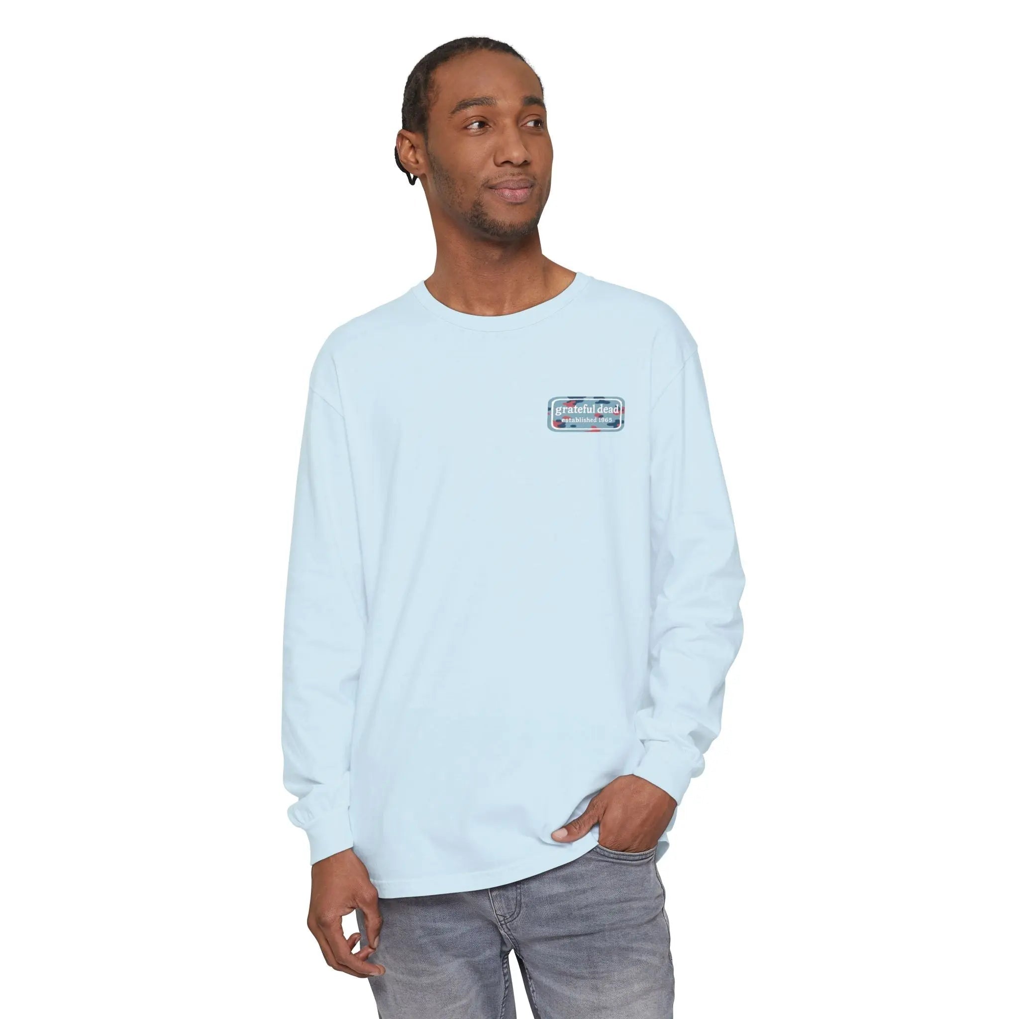 Light blue garment-dyed long-sleeve T-shirt with small front logo patch
