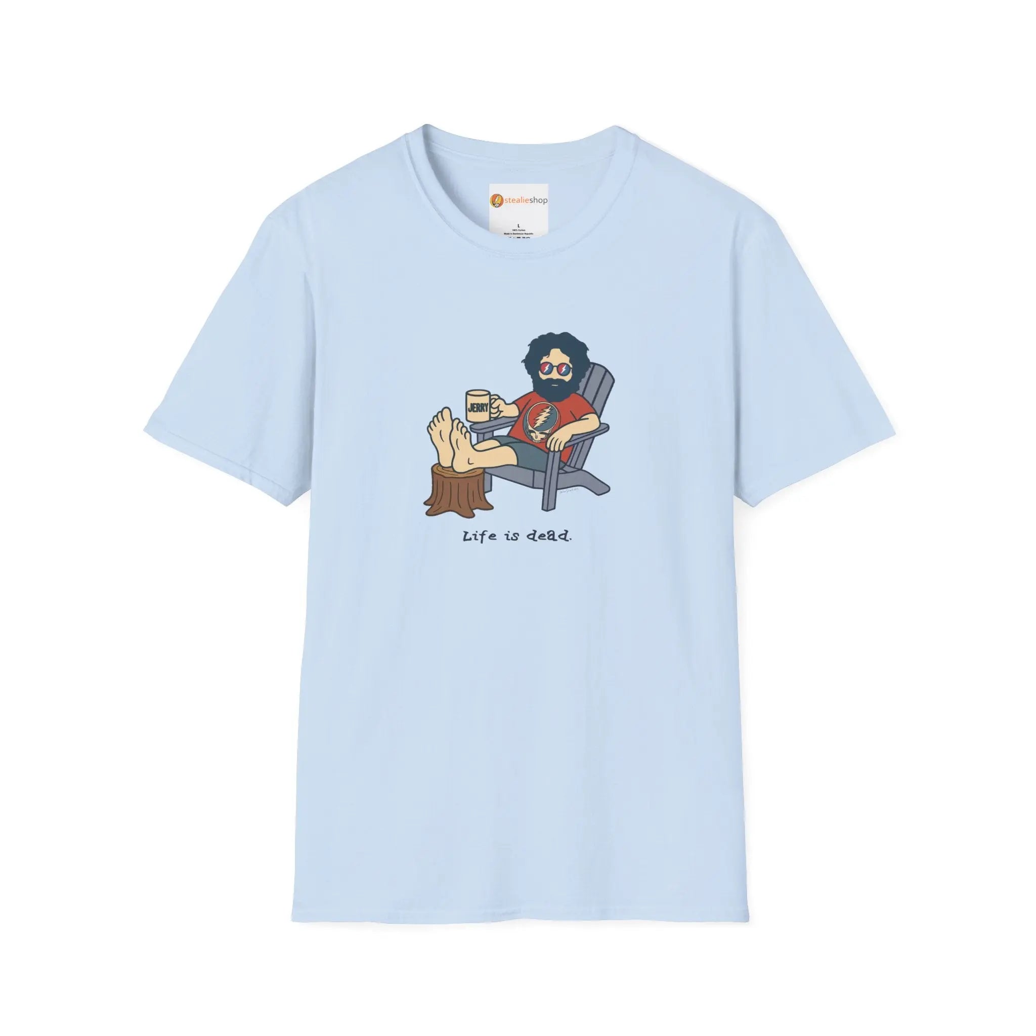 Light blue graphic T-shirt with crew neck and illustrated seated character on front
