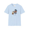 Light blue graphic T-shirt with crew neck and illustrated seated character on front