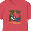 Red graphic T-shirt with bear illustration and palm trees, crew neck short sleeves