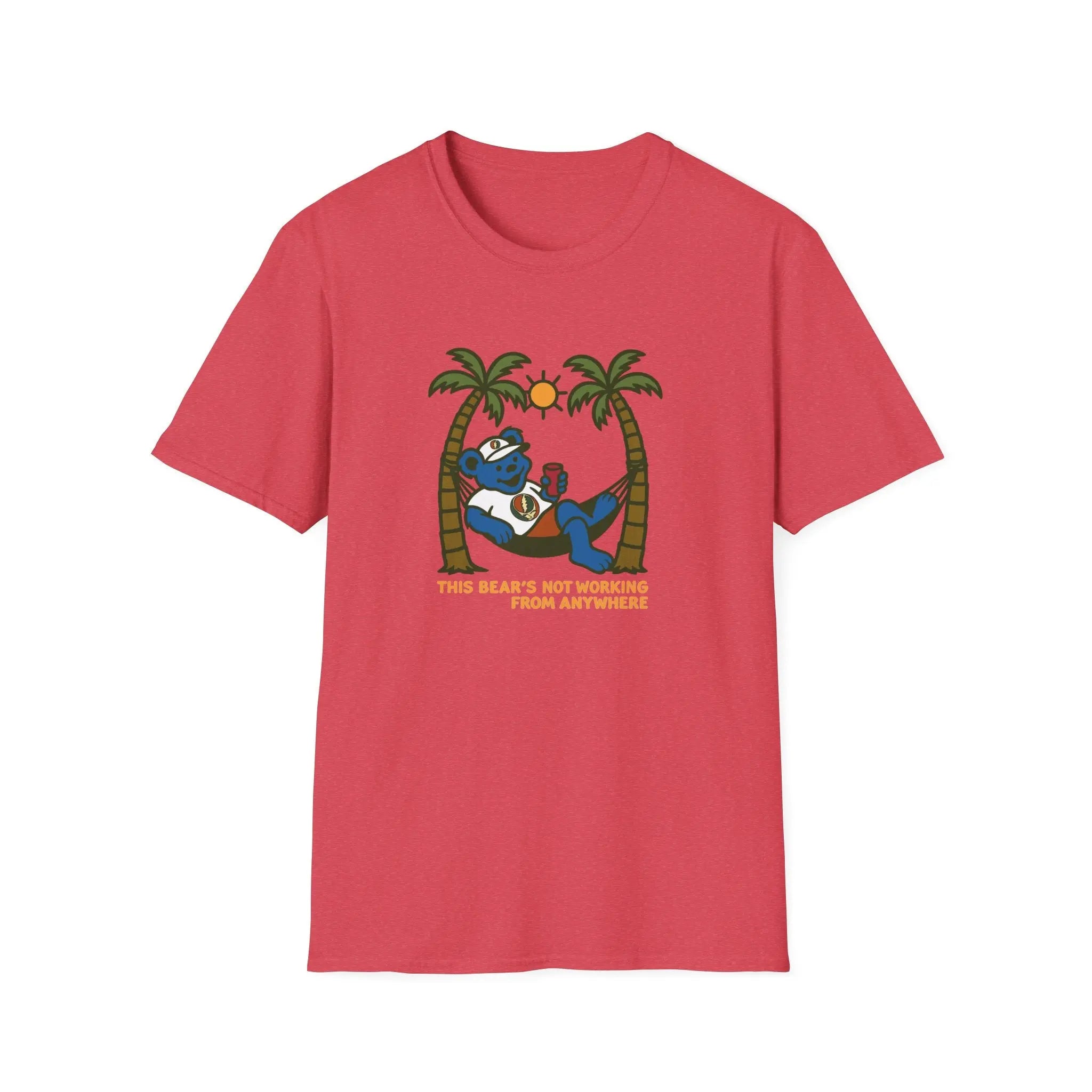 Red graphic T-shirt with bear illustration and palm trees, crew neck short sleeves