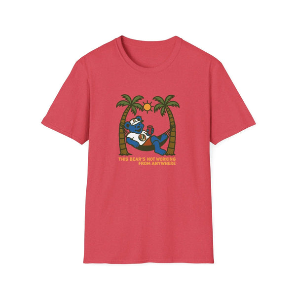 Red graphic T-shirt with bear illustration and palm trees, crew neck short sleeves