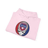 Light pink pullover hoodie with drawstring hood and circular Texas Rangers Stealie logo