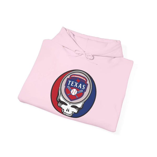 Light pink pullover hoodie with drawstring hood and circular Texas Rangers Stealie logo