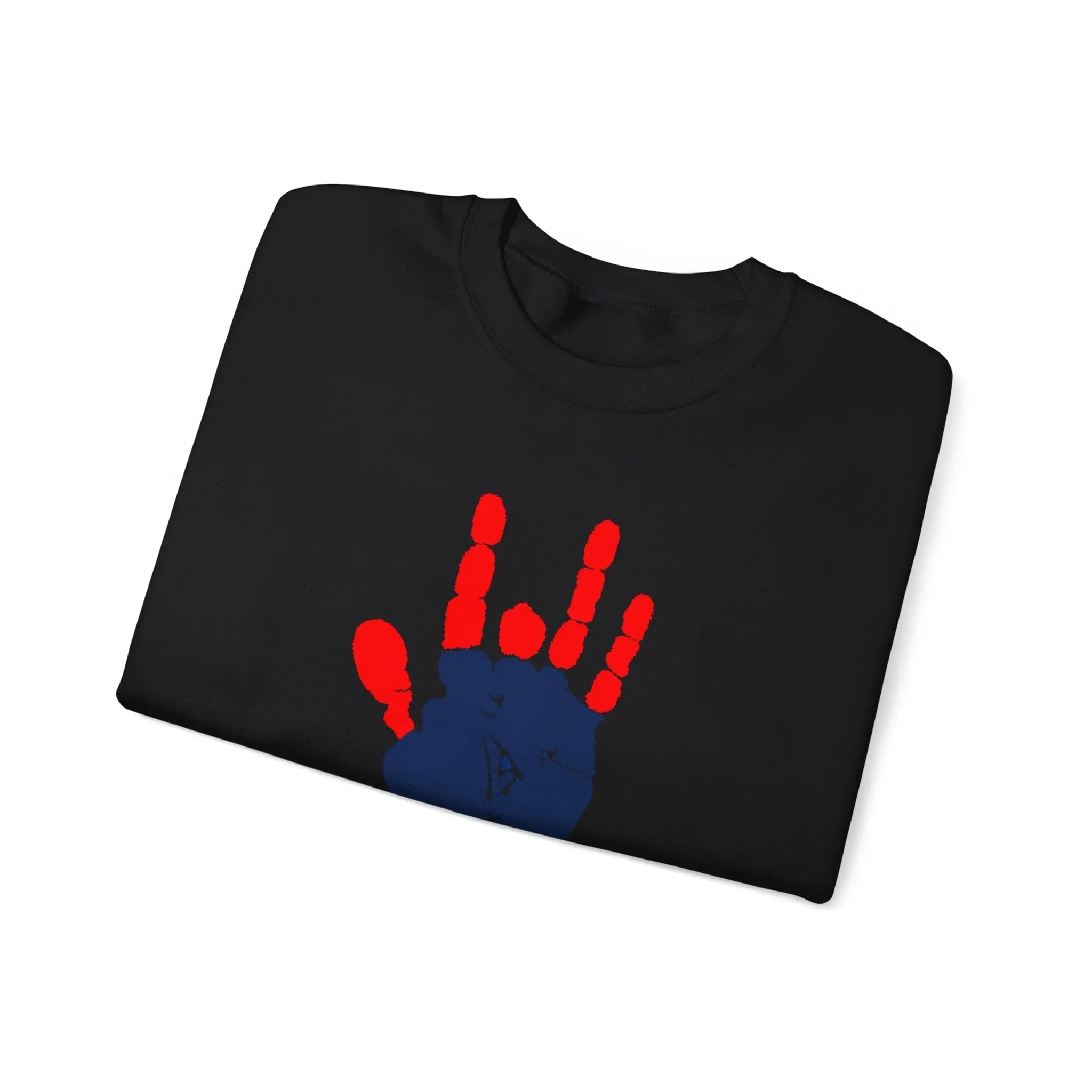 Black crewneck sweatshirt with red and blue handprint graphic on the chest