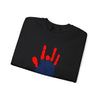 Black crewneck sweatshirt with red and blue handprint graphic on the chest