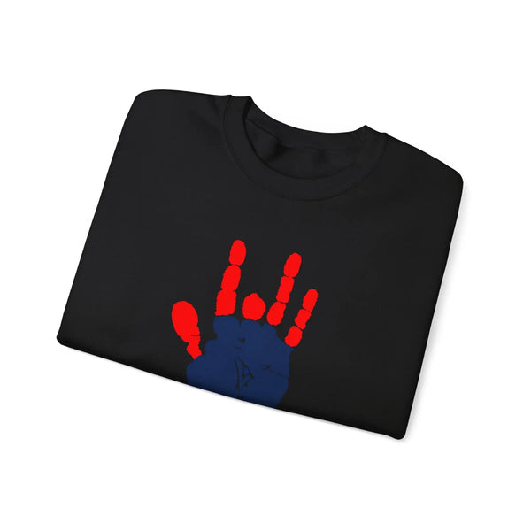 Black crewneck sweatshirt with red and blue handprint graphic on the chest