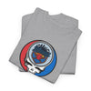 Gray crewneck graphic T-shirt with circular skull logo on the chest