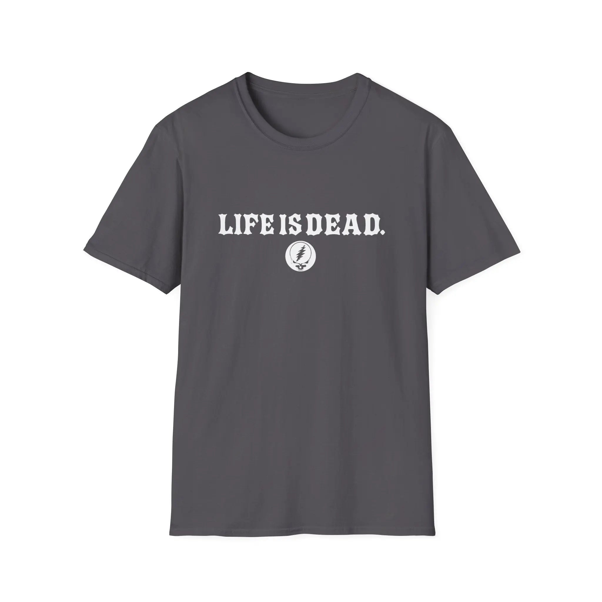 Two-sided print T-shirt in dark charcoal gray with 