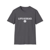 Two-sided print T-shirt in dark charcoal gray with "LIFE IS DEAD" text and small globe icon