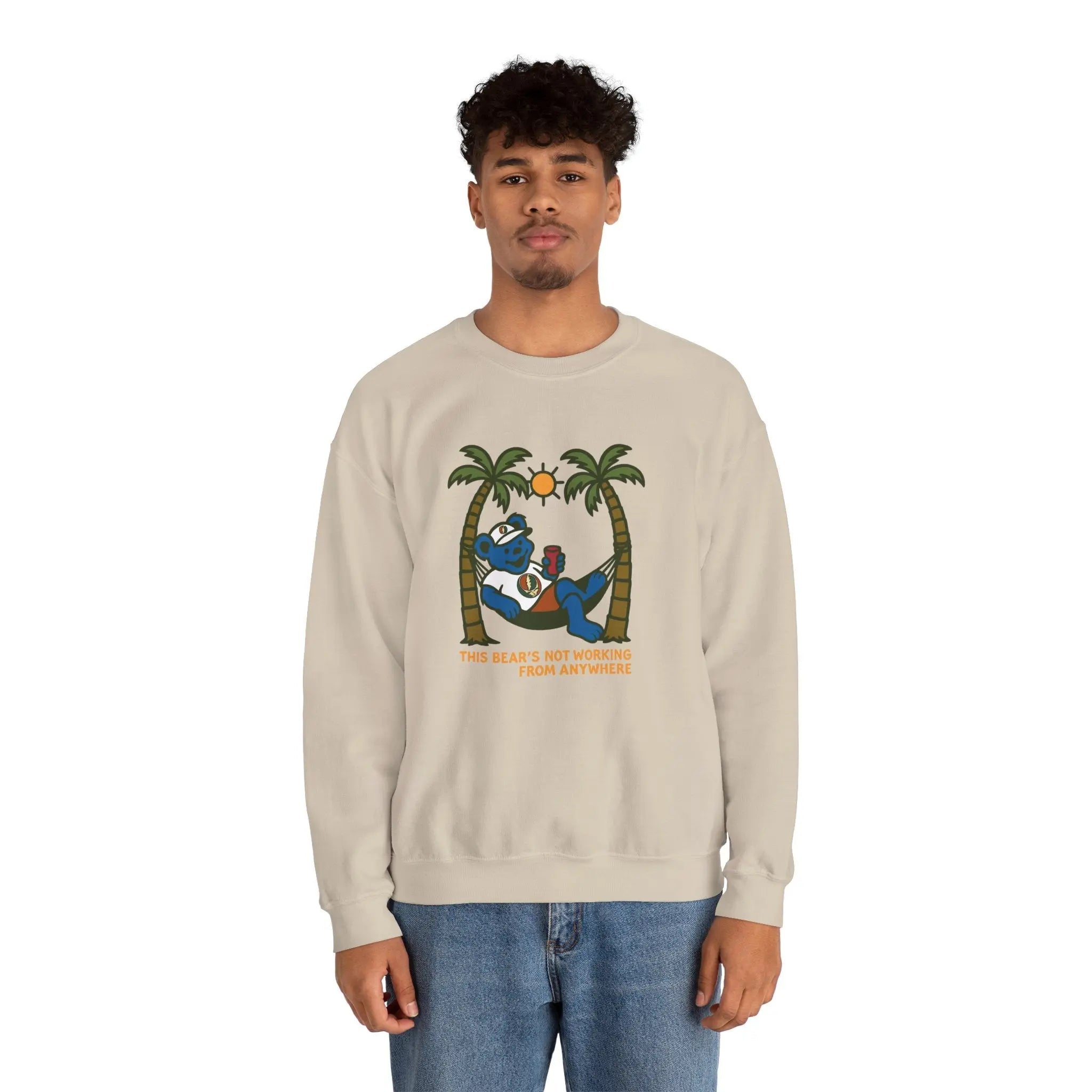 Sand crewneck sweatshirt with colorful palm-tree bear graphic on chest