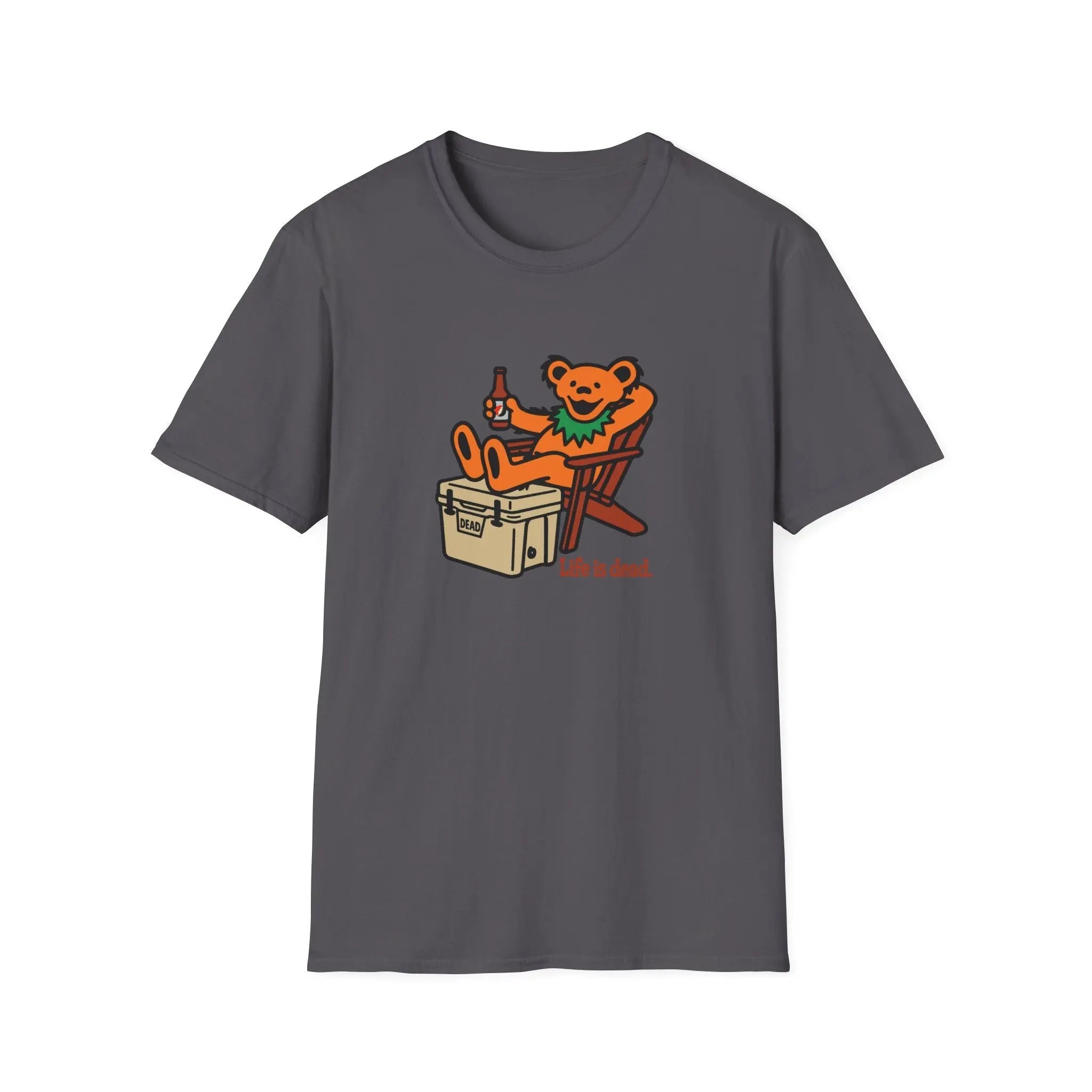 Charcoal gray T-shirt with cartoon bear graphic and 