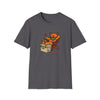 Charcoal gray T-shirt with cartoon bear graphic and "Life is dead." text on chest