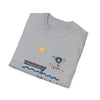 Heather gray crewneck T-shirt with blue lake scene and cartoon figure graphic