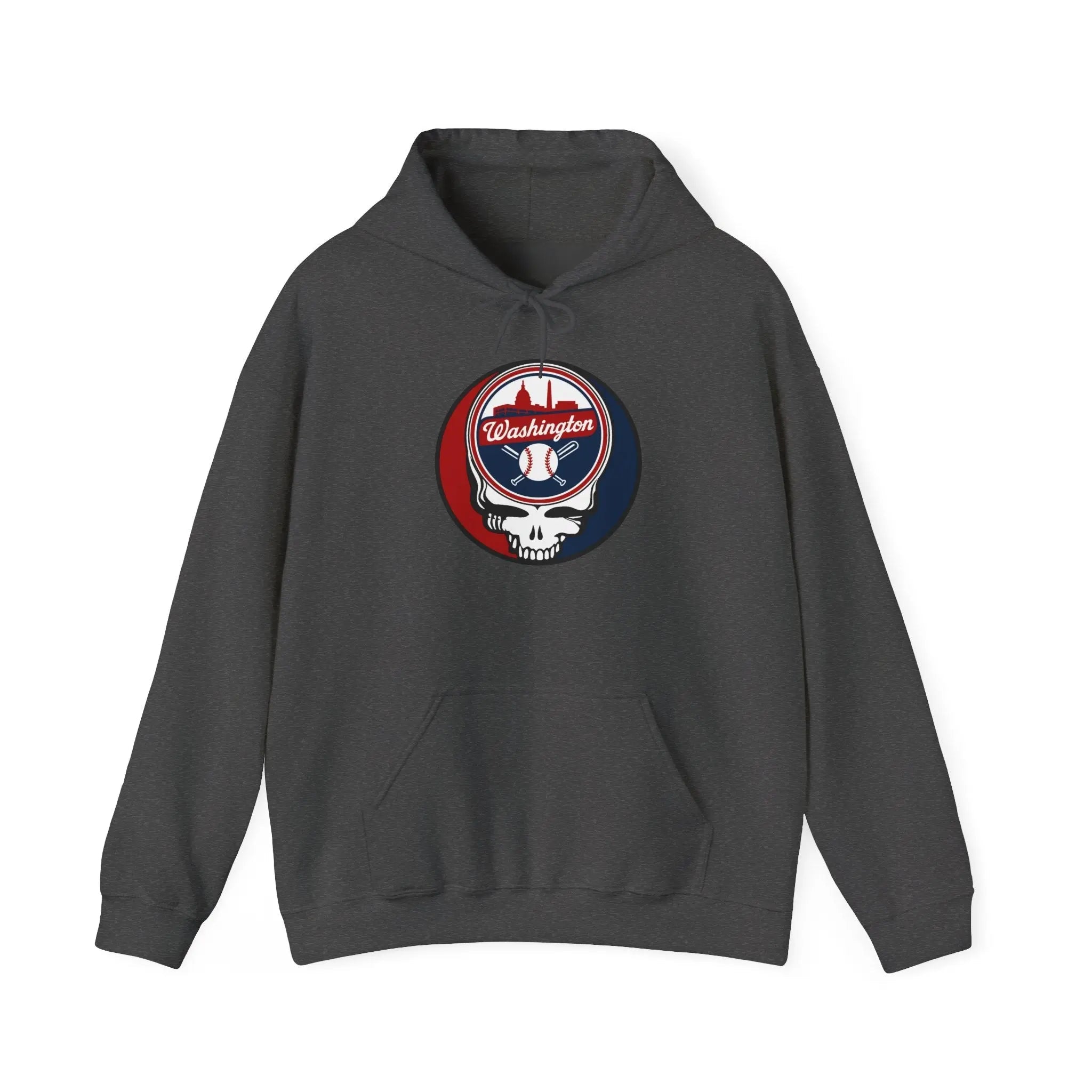 Charcoal Washington Nationals hoodie with front circular team logo and skull graphic