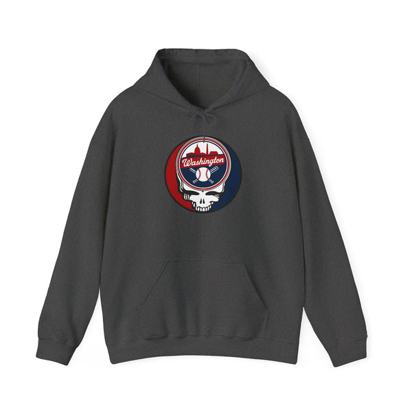 Charcoal Washington Nationals hoodie with front circular team logo and skull graphic